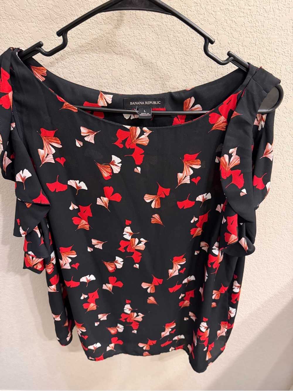 Banana Republic Black Top with Red and Cream Floral Motif